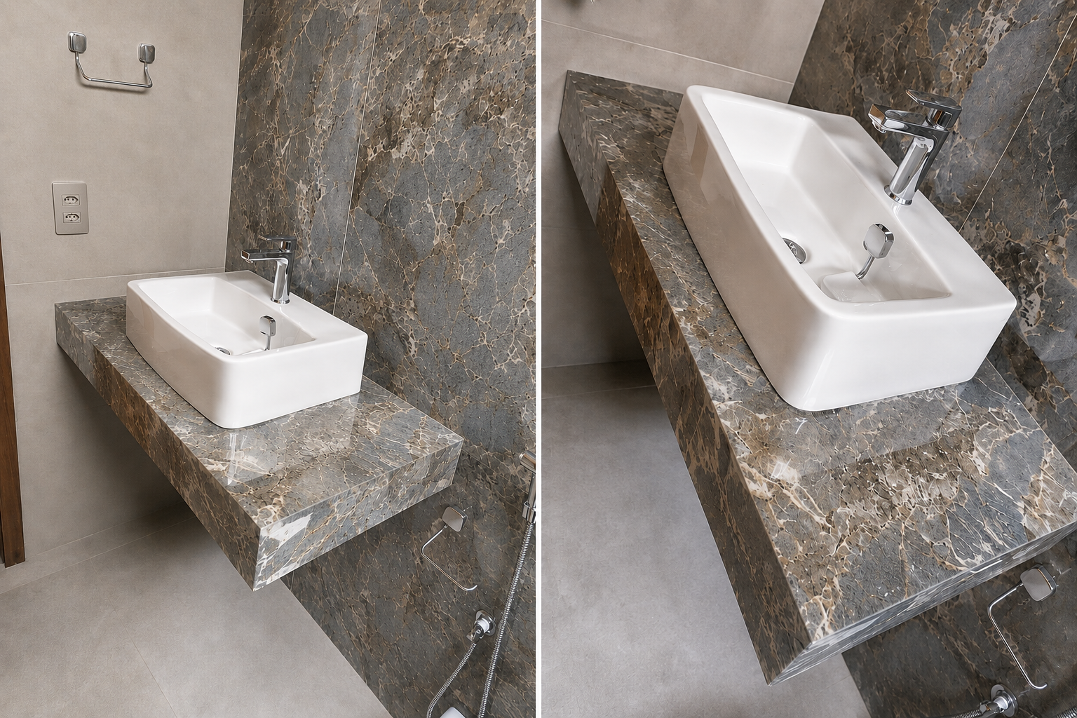 Lavatório de apoio com bancada em porcelanato marmorizado